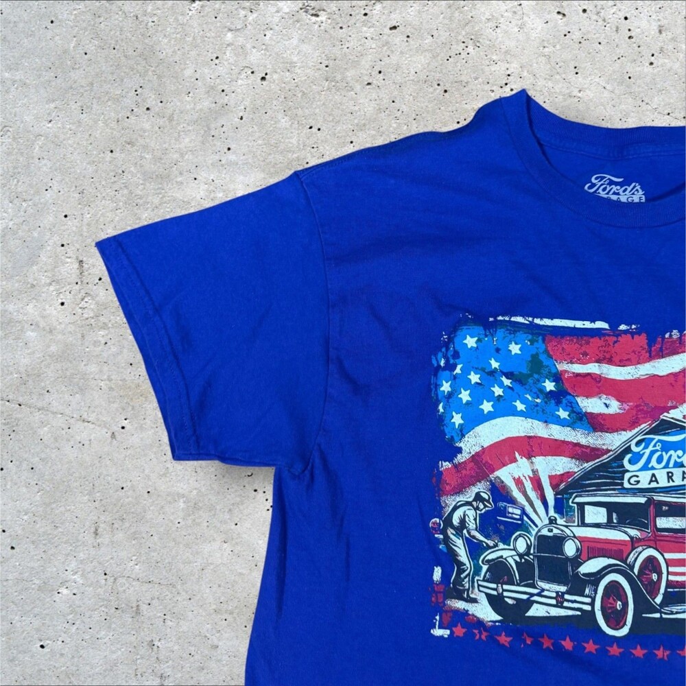 Fords Garage T Shirt Mens Large L Royal Blue US Flag Graphic Car Tee Classic - Picture 3 of 8